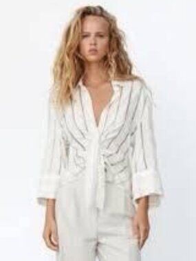 Zara Striped Draped Tie Front Blouse Off White Size Medium